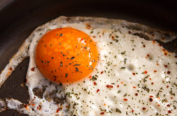 Fried, spicy and hot egg in black pan, Sunny side up